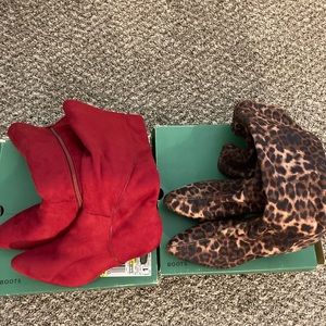 2 pair of boots 1 Red faux suede, 1 animal print size 7 Never Worn Brand New